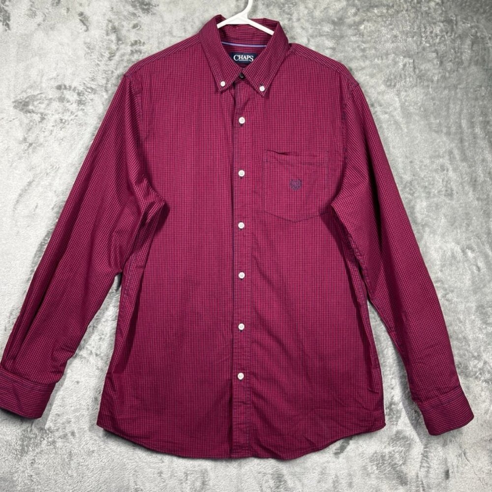 CHAPS Shirt Mens Medium Burgundy Red Checkered Stretch Easy Care
